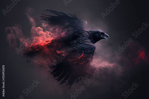 Black raven flying. Black crow. Evil bird. Glowing wings. Misty and smokey red smoke, fire and embers. photo
