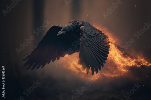 Black raven flying. Black crow. Evil bird. Glowing wings. Misty and smokey fire smoke and embers.