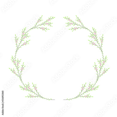A delicate round frame for wedding invitation card design. Fand drawn wreath of blossom sakura branches isolated on a white background. Young green leaves and pink flowers.