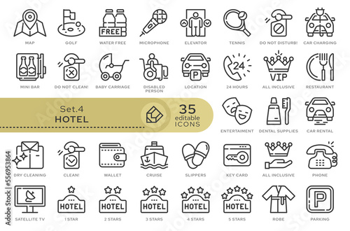 Set of conceptual icons. Vector icons in flat linear style for web sites, applications and other graphic resources. Set from the series - Hotel and Travel. Editable outline icon.	