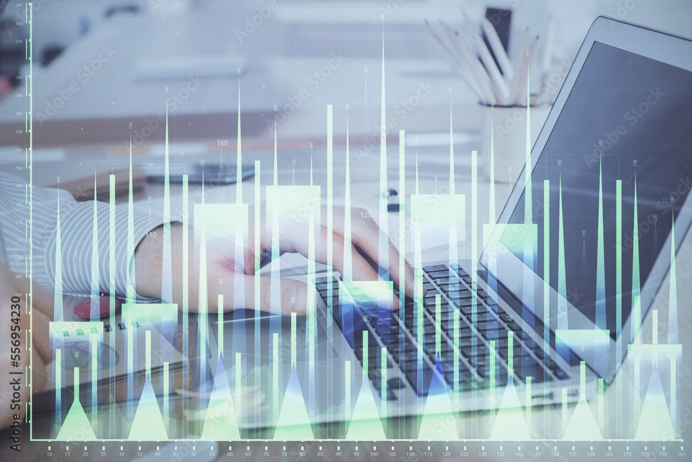 Double exposure of stock market graph with man working on laptop on background. Concept of financial analysis. Double exposure of stock market graph with man working on laptop on background. Concept of financial analysis.