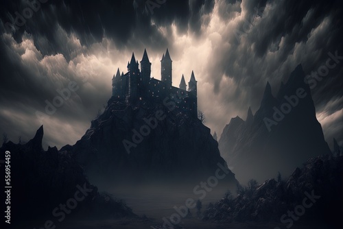 hellishly gloomy castle in a valley. Generative AI photo