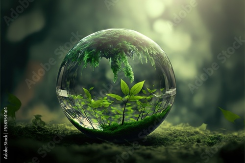 Environment Day Glass Globe With Nature Closed Inside On Green Background Generative AI