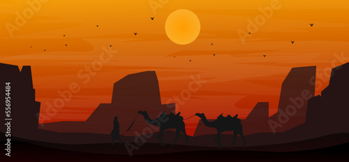 Desert valley sunset with camels illustration