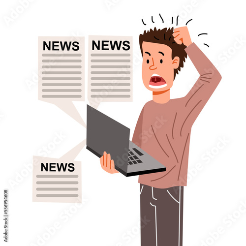 The boy reads the news on a laptop. A man is shocked by what is happening in the world. Vector illustration in flat cartoon style.