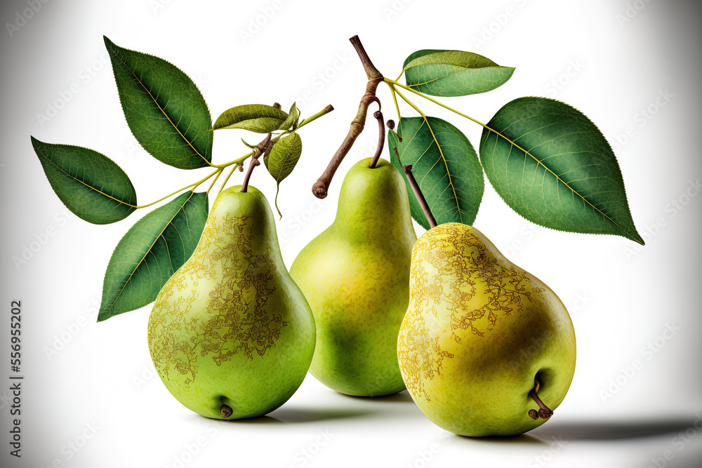 Pears that are ripe and green, alone and on white. Generative AI Pears that are ripe and green, alone and on white. Generative AI