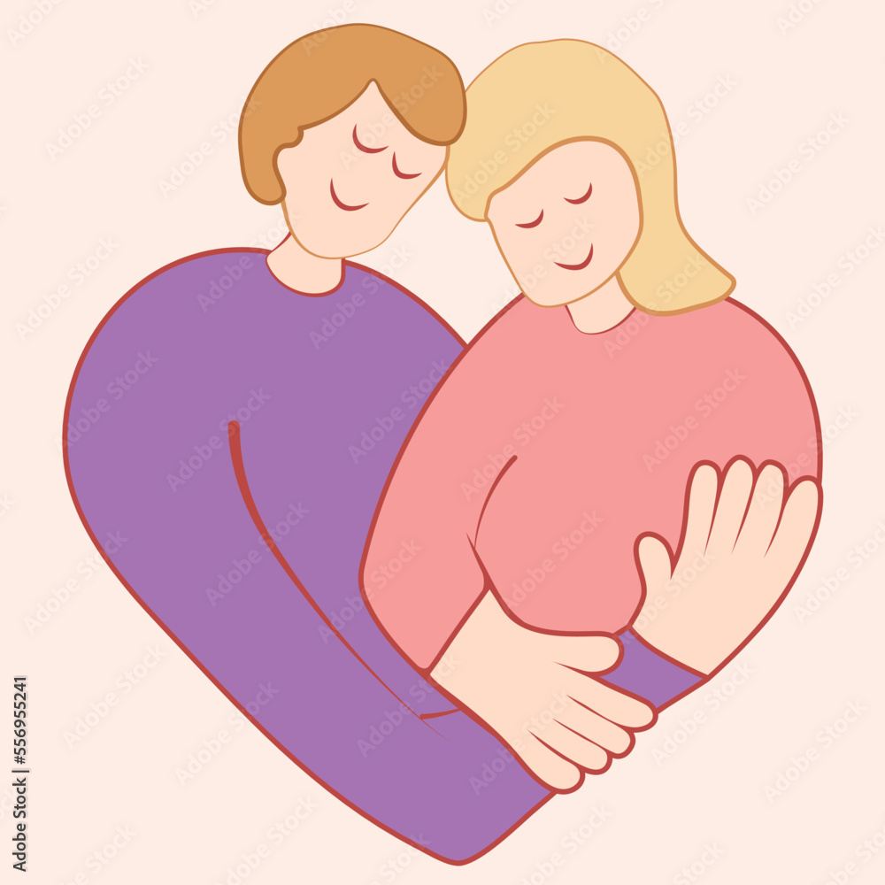 National Hug day greeting card with young couple hugging each other. Man and woman embrace with love and smile. Valentine's day card Lovely people care each other in the heart symbol illustration icon