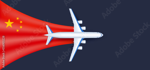Airplane on China flag red. Travel concept and air transportation. Advertising banner. Vector EPS10. China has begun to open up country to travel around world. Lifting quarantine measures for COVID-19