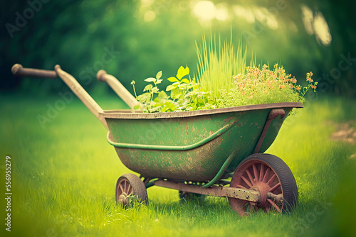 Fotobehang Wheelbarrow pot for planting plants and herbs in garden