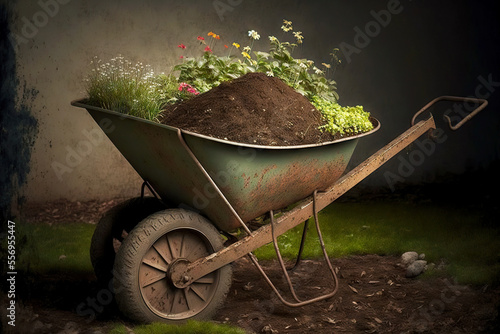 Fotografija Garden equipment old iron wheelbarrow with earth and flowers
