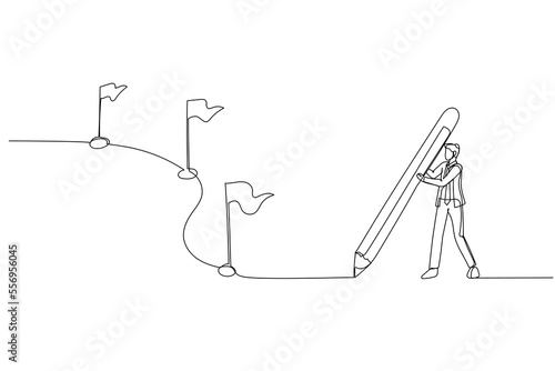 Drawing of businessman using pencil draw line with flag as milestones. Continuous line art style