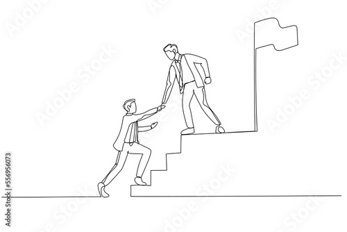 Illustration of businessman help friend to succeed and reach goal achieve target. Single line art style