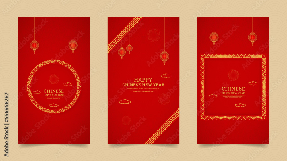 Happy Chinese New Year Realistic Social Media Stories Design Collection Template with Chinese Pattern and Border For Instagram Happy Chinese New Year Realistic Social Media Stories Design Collection Template with Chinese Pattern and Border For Instagram