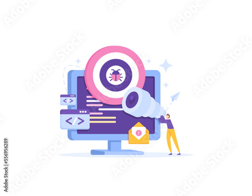 bounty bugs and bug hunters. look for system security weaknesses. find vulnerabilities or bugs in a system. a programmer uses a telescope to see bugs in a program. cybersecurity. concept design