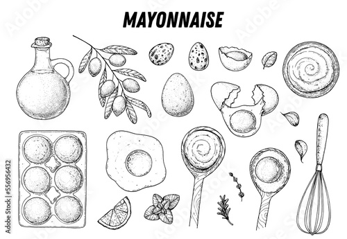 Mayonnaise sauce cooking and ingredients set. Hand drawn sketch collection, vector illustration. Homemade mayonnaise sauce, design elements. Hand drawn package design. Oil and eggs.