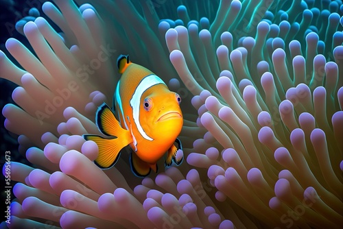 Fototapeta Images of colorful clownfish and endearing anemone fish in a coral reef setting