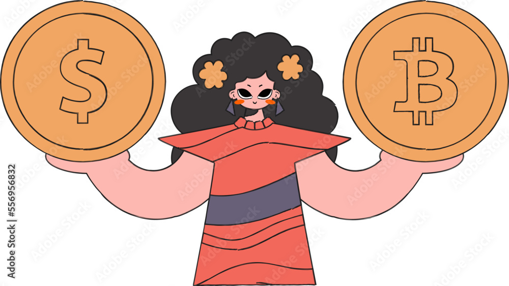 Woman holding bitcoin and dollar coin. Character Trendy retro style.