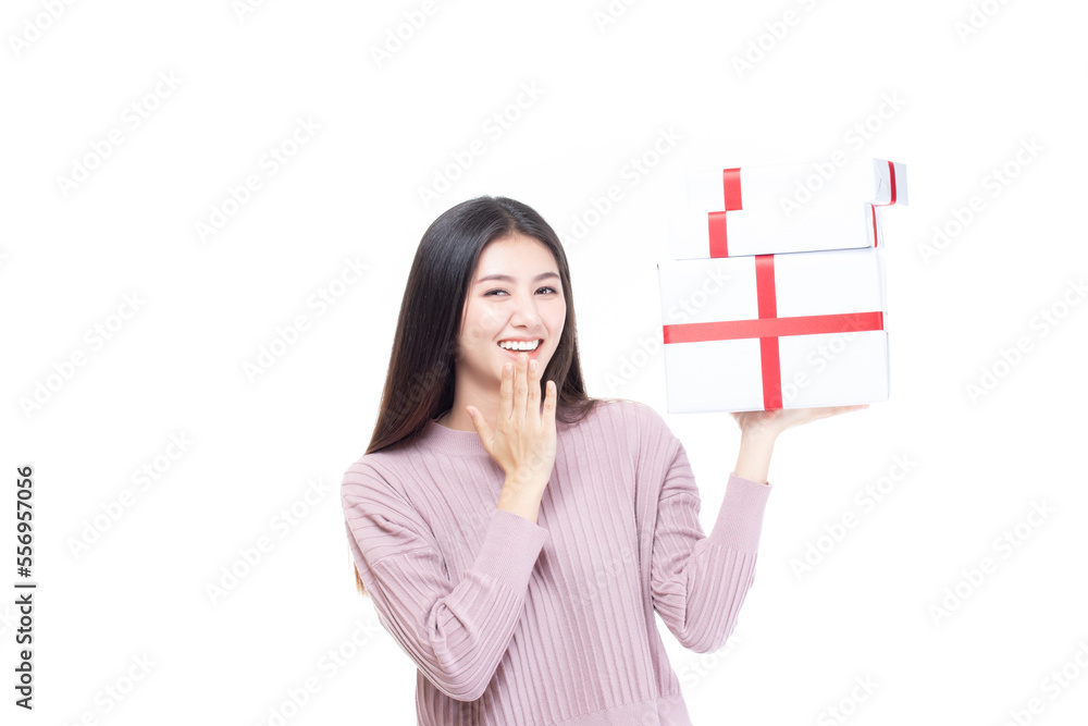Attractive asian woman holding gift box in christmas, new year, valentine day, birthday celebration concept. Portrait of smiling happy pretty girl hold gift box isolated on white with copy space. Attractive asian woman holding gift box in christmas, new year, valentine day, birthday celebration concept. Portrait of smiling happy pretty girl hold gift box isolated on white with copy space.