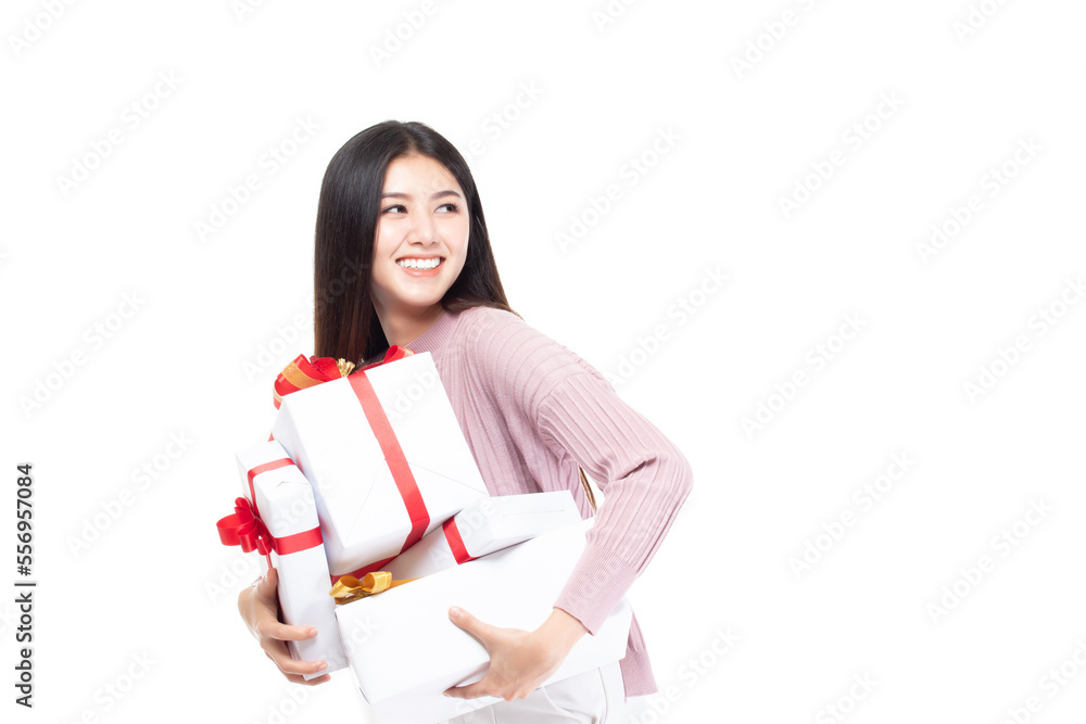 Attractive asian woman holding gift box in christmas, new year, valentine day, birthday celebration concept. Portrait of smiling happy pretty girl hold gift box isolated on white with copy space. Attractive asian woman holding gift box in christmas, new year, valentine day, birthday celebration concept. Portrait of smiling happy pretty girl hold gift box isolated on white with copy space.