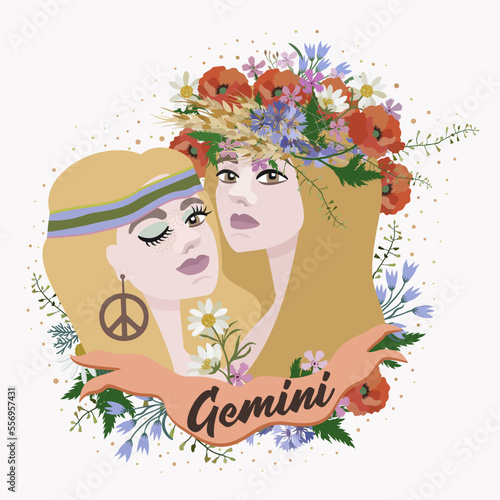 Gemini. Zodiac sign. Vector isolated composition with lettering on light background. Horoscope concept. Two young woman similar to each other.