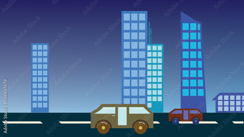 two vehicles driving on urban highway with buildings and skyscrapers in the background in a clear cloudless sky
