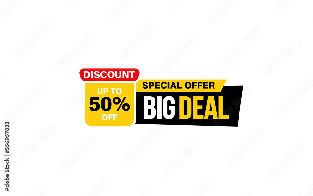 50 Percent BIG DEAL offer, clearance, promotion banner layout with sticker style.
50 Percent BIG DEAL offer, clearance, promotion banner layout with sticker style.