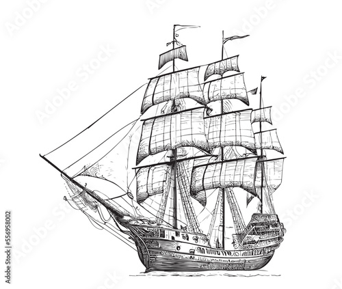 Fotografering Pirate ship sailboat retro sketch hand drawn engraving style Vector illustration