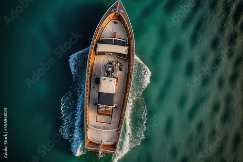 Aerial picture of a contemporary wooden boat with a vintage style moving on the sea. View from above of a luxurious wooden boat moving across pitch black sea. Italian traditional wooden boat swift mot