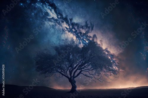 cloudy milky way and a tree silhouette. Generative AI