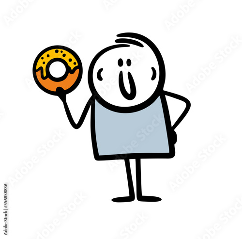 A cute fat character is holding an appetizing sweet donut in his hand.