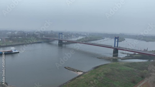 Wallpaper Mural The Friedrich-Ebert-Brucke is a cable stayed bridge for road traffic over the Rhine near the German city of Duisburg. Aerial drone overhead view. Torontodigital.ca