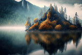 Ukrainian Lake Synevir is a lake in a mysterious fog with an autumn forest and a phantom mountain. Generative AI