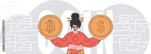 Girl is holding bitcoin and dollar. Cryptocurrency and fiat exchange concept.
