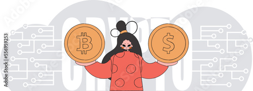 Girl is holding bitcoin and dollar. Cryptocurrency and fiat exchange theme.