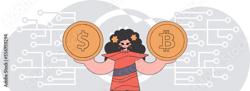The girl is holding a dollar and bitcoin coin. Cryptocurrency concept.