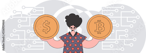 Man holding bitcoin and dollar. Cryptocurrency and fiat exchange concept.