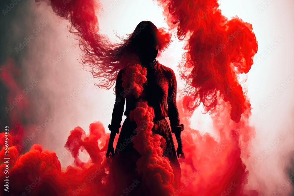 shadow of a woman covered in red smoke.