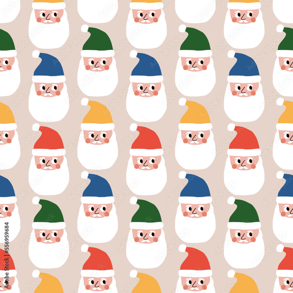 Cute Santa Claus in colorful hat hand drawn vector illustration. Cute Christmas character in flat style seamless pattern for kids fabric or wallpaper.