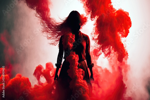 shadow of a woman covered in red smoke.