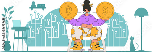 The girl is holding a dollar and bitcoin coin. Cryptocurrency and fiat exchange theme.