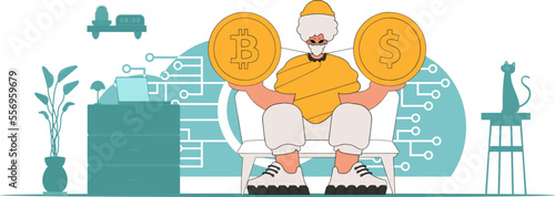A man is holding a dollar and bitcoin coin. Cryptocurrency and fiat exchange concept.