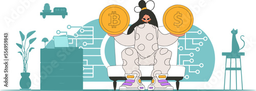The girl is holding a coin of bitcoin and dollar. Cryptocurrency and fiat exchange theme.