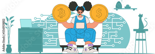 The girl holds a dollar and bitcoin in her hands. Cryptocurrency concept.