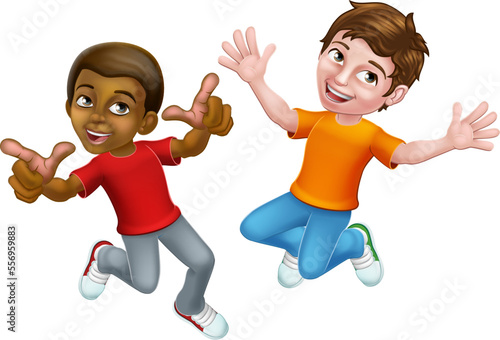 Two kids boys cartoon character children jumping for joy