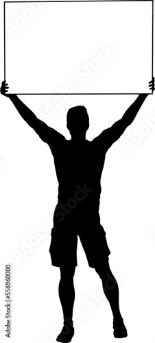 Protestor or demonstrator at a demonstration march, picket line or strike protest rally in silhouette. Holding up a banner or picket sign board placard.