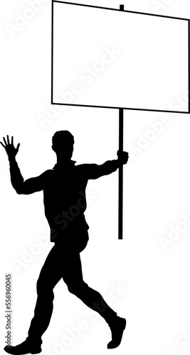 Protestor or demonstrator at a demonstration march, picket line or strike protest rally in silhouette. Holding up a banner or picket sign board placard.
