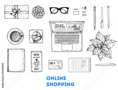 Online shopping sketch. Hand drawn elements, vector illustration. E-commerce vintage design template. Hand drawn sketch with laptop computer, credit card, smartphone, pen and notebook. Top view table.