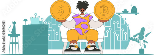 A man is holding a coin of bitcoin and dollar. Cryptocurrency and fiat exchange concept.
