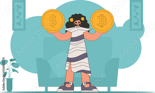 The girl holds a dollar and bitcoin in her hands. Cryptocurrency and fiat exchange theme.