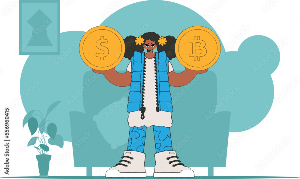 Obraz premium Girl holding dollar and bitcoin. Cryptocurrency and fiat exchange concept.